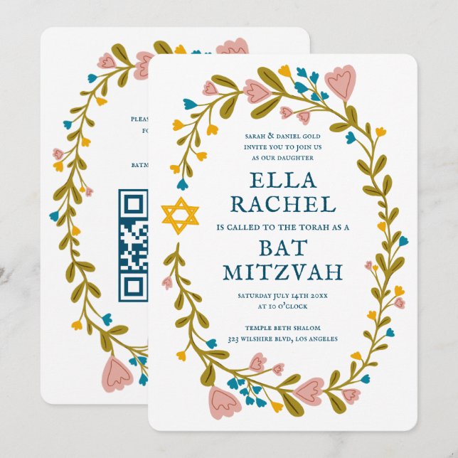 Invitation Bat mitzvah de couronne florale Code QR personnali (Devant / Derrière)