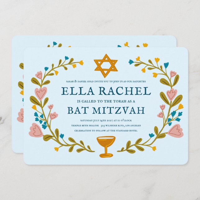 Invitation Bat mitzvah de couronne florale Code QR personnali (Devant / Derrière)