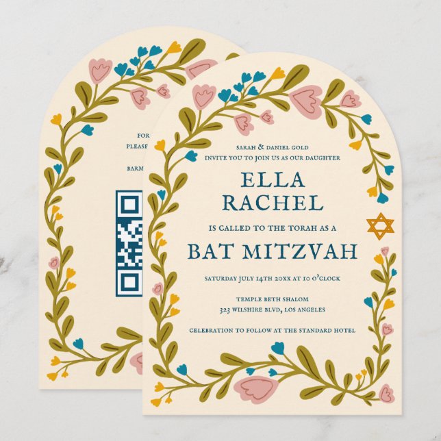 Invitation Bat mitzvah de couronne florale Code QR personnali (Devant / Derrière)