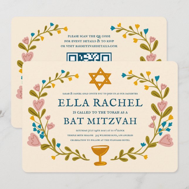 Invitation Bat mitzvah de couronne florale Code QR personnali (Devant / Derrière)