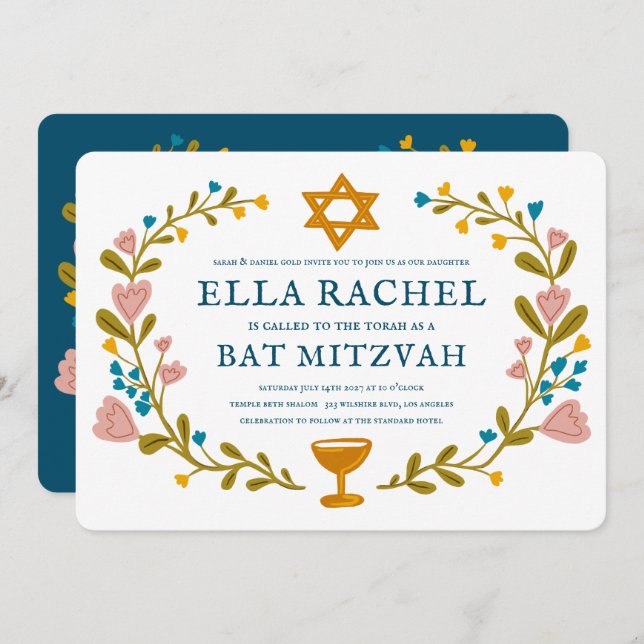 Invitation Bat mitzvah de couronne florale Code QR personnali (Devant / Derrière)