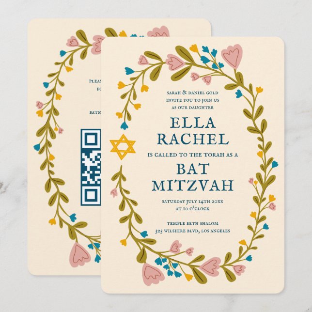 Invitation Bat mitzvah de couronne florale Code QR personnali (Devant / Derrière)