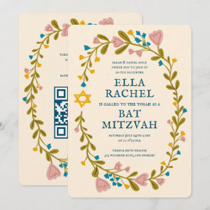 Invitation Bat mitzvah de couronne florale Code QR personnali