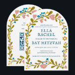 Invitation Bat mitzvah de couronne florale Code QR personnali<br><div class="desc">Carte parfaite pour annoncer une bar mitzvah, bat mitzvah ou autre célébration juive ! L'art fait main pour vous ! ENTIÈREMENT PERSONNALISABLE ! Cliquez sur "Personnaliser" ci-dessus pour modifier le texte et ajouter votre lien au code QR au verso (consultez ma boutique pour d'autres designs avec photo personnalisée). Cliquez sur...</div>
