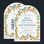 Invitation Bat mitzvah de couronne florale Code QR personnali<br><div class="desc">Carte parfaite pour annoncer une bar mitzvah, bat mitzvah ou autre célébration juive ! L'art fait main pour vous ! ENTIÈREMENT PERSONNALISABLE ! Cliquez sur "Personnaliser" ci-dessus pour modifier le texte et ajouter votre lien au code QR au verso (consultez ma boutique pour d'autres designs avec photo personnalisée). Cliquez sur...</div>