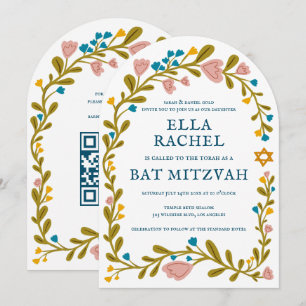 Invitation Bat mitzvah de couronne florale Code QR personnali