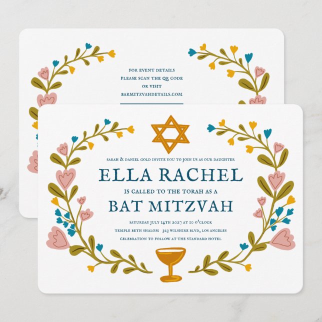 Invitation Bat mitzvah de couronne florale Code QR personnali (Devant / Derrière)