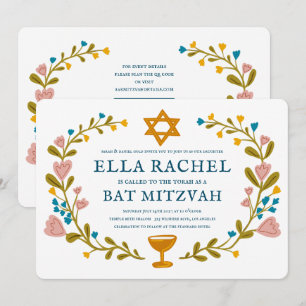 Invitation Bat mitzvah de couronne florale Code QR personnali