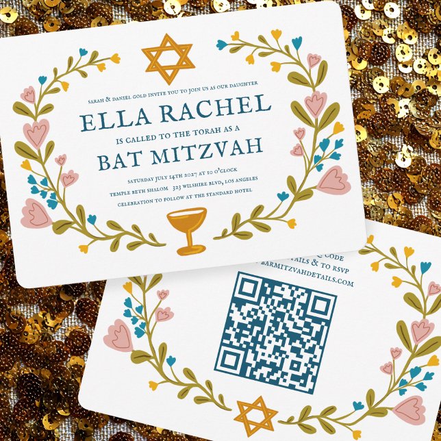 Invitation Bat mitzvah de couronne florale Code QR personnali (Floral Wreath Bat Mitzvah Hand-drawn Custom QR code Invitation
)