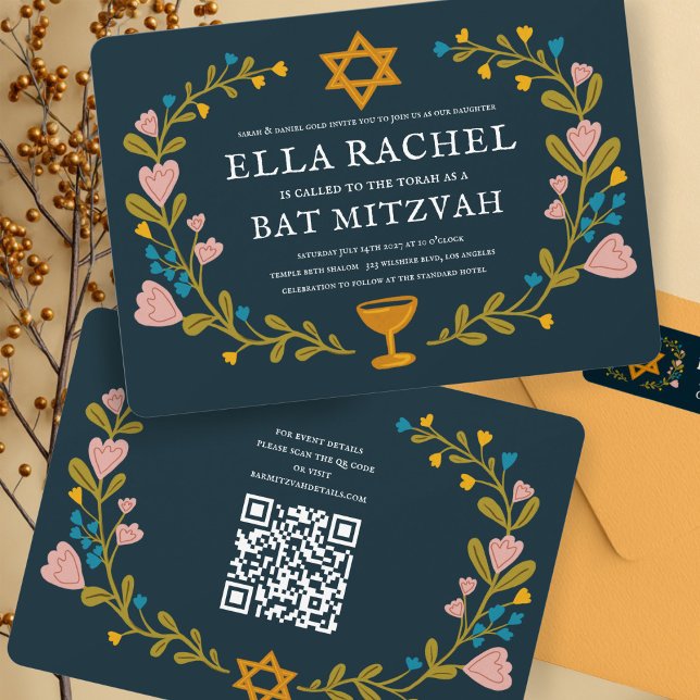Invitation Bat mitzvah de couronne florale Code QR personnali (Floral Wreath Bat Mitzvah Hand-drawn Custom QR code Invitation
)