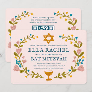 Invitation Bat mitzvah de couronne florale Code QR personnali