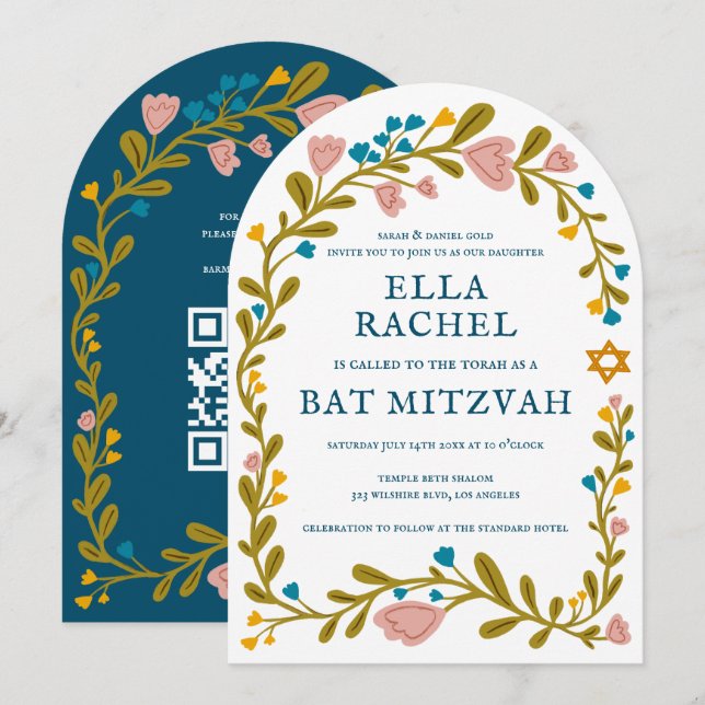 Invitation Bat mitzvah de couronne florale Code QR personnali (Devant / Derrière)