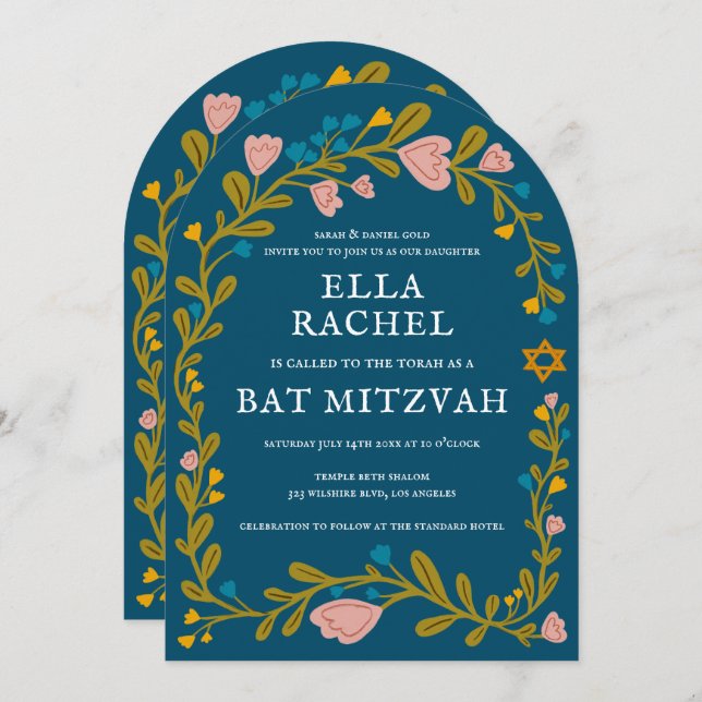Invitation Bat mitzvah de couronne florale Code QR personnali (Devant / Derrière)