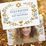 Invitation Bat mitzvah de couronne florale photo personnalisé<br><div class="desc">Carte parfaite pour annoncer une bar mitzvah, bat mitzvah ou autre célébration juive ! L'art fait main pour vous ! ENTIÈREMENT PERSONNALISABLE ! Cliquez sur "Personnaliser" ci-dessus pour modifier le texte et ajouter votre propre photo au verso. Cliquez sur "modifier à l'aide de l'outil de conception" pour ajuster les polices,...</div>