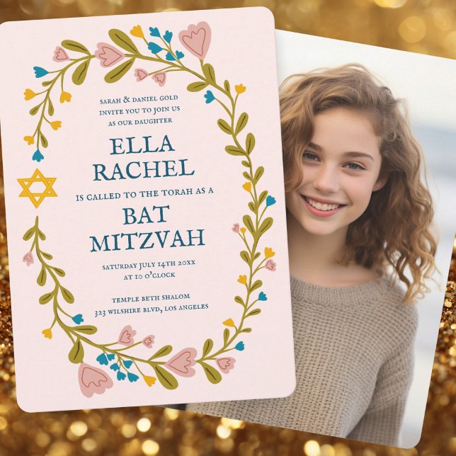 Invitation Bat mitzvah de couronne florale photo personnalisé (Floral Wreath Bat Mitzvah Hand-drawn Custom Photo Invitation
)