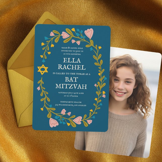 Invitation Bat mitzvah de couronne florale photo personnalisé (Floral Wreath Bat Mitzvah Hand-drawn Custom Photo Invitation
)
