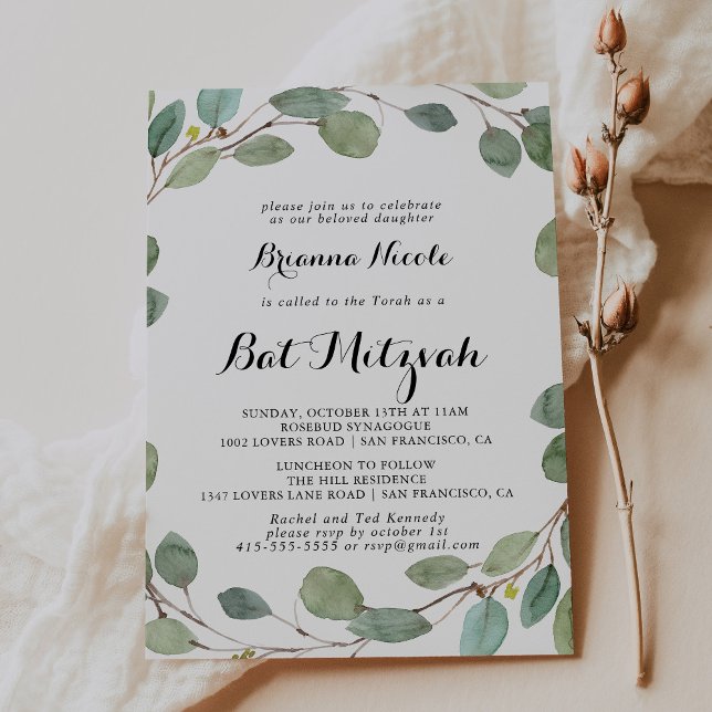 Invitation Bat mitzvah de feuillage Eucalyptus vert (Créateur téléchargé)