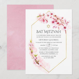 Invitation Bat mitzvah de fleurs de cerisier rose géométrique