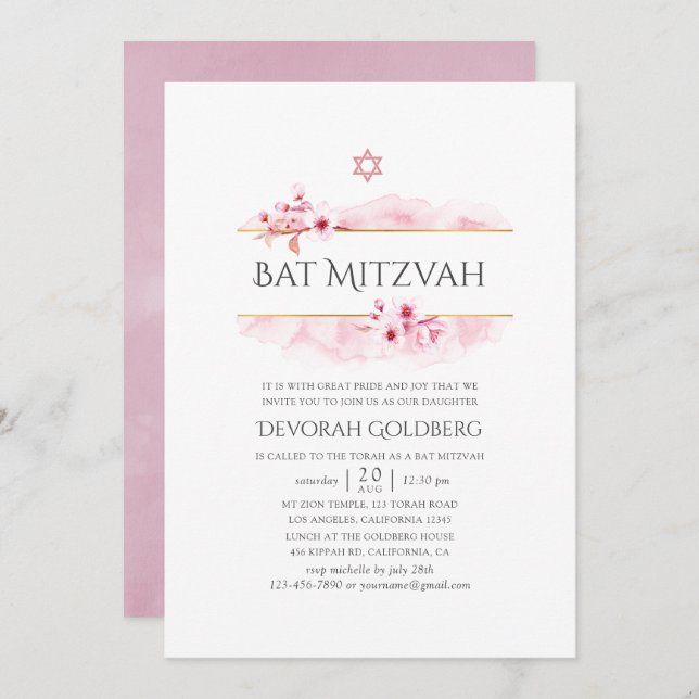 Invitation Bat mitzvah de fleurs de printemps rose géométriqu (Devant / Derrière)
