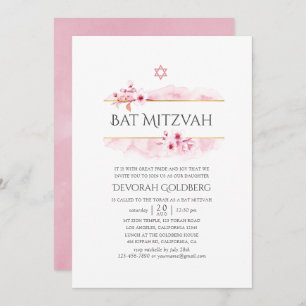 Invitation Bat mitzvah de fleurs de printemps rose géométriqu