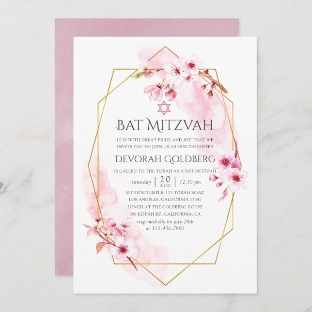 Invitation Bat mitzvah de fleurs de printemps rose géométriqu (Devant / Derrière)