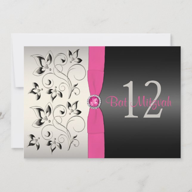 Invitation Bat mitzvah de fleurs rose, noire, gris (Devant)