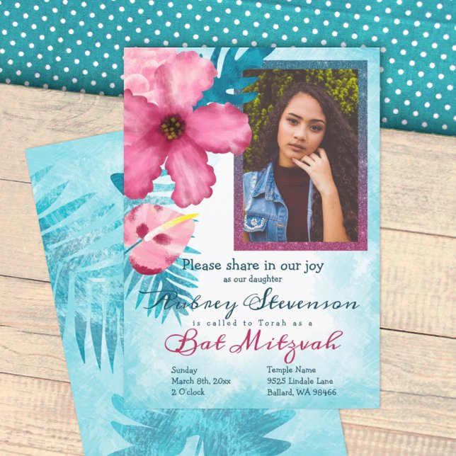 Invitation Bat mitzvah de fleurs tropicales roses turquoise (tropical teal and pink bat mitzvah invitation, hibiscus flower, 12th birthday party invitation)