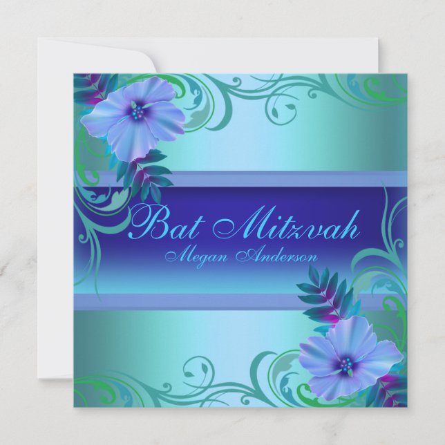 Invitation Bat mitzvah de fleurs vives bleu (Devant)