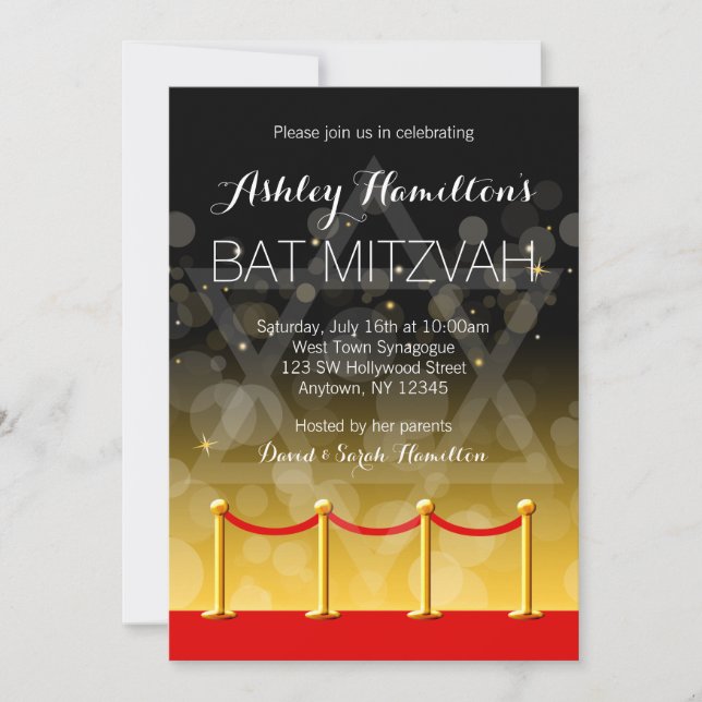 Invitation Bat mitzvah de Hollywood au tapis rouge doré moder (Devant)