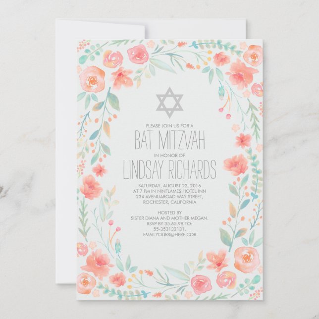 Invitation Bat mitzvah de jardin de fleurs d'aquarelle (Devant)
