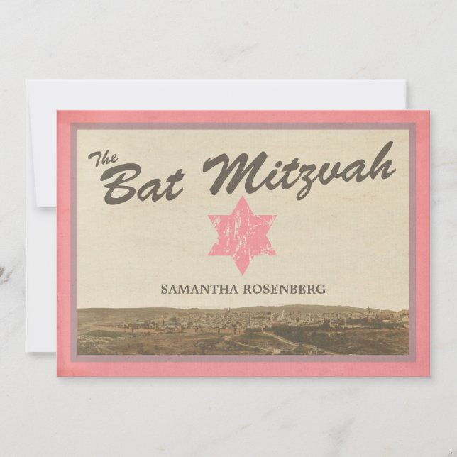 Invitation Bat mitzvah de Jérusalem vintage en ros (Devant)