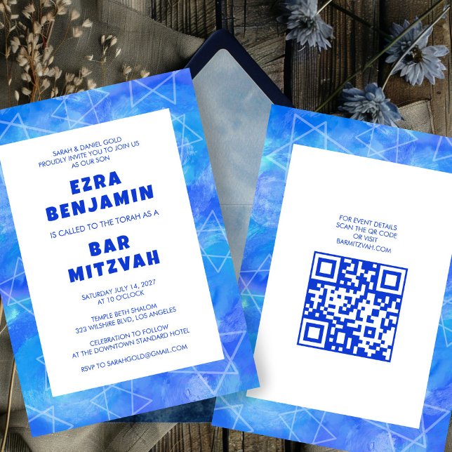 Invitation Bat mitzvah de la barre de CODE QR personnalisée (Watercolor Swirls Custom QR CODE Bar Bat Mitzvah Invitation
)
