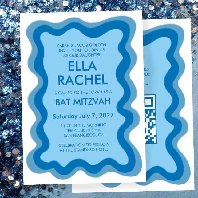 Invitation Bat mitzvah de la barre de CODE QR personnalisée m (Wavy Frame Modern Custom QR CODE Bar Bat Mitzvah Invitation
)