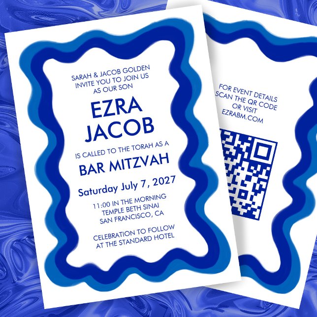Invitation Bat mitzvah de la barre de CODE QR personnalisée m (Wavy Frame Modern Custom QR CODE Bar Bat Mitzvah Invitation
)