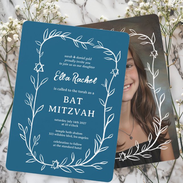 Invitation Bat mitzvah de la barre de PHOTOS Botanique sur me (Delicate Botanical CUSTOM PHOTO Bar Bat Mitzvah Invitation Blue white trendy hand drawn)