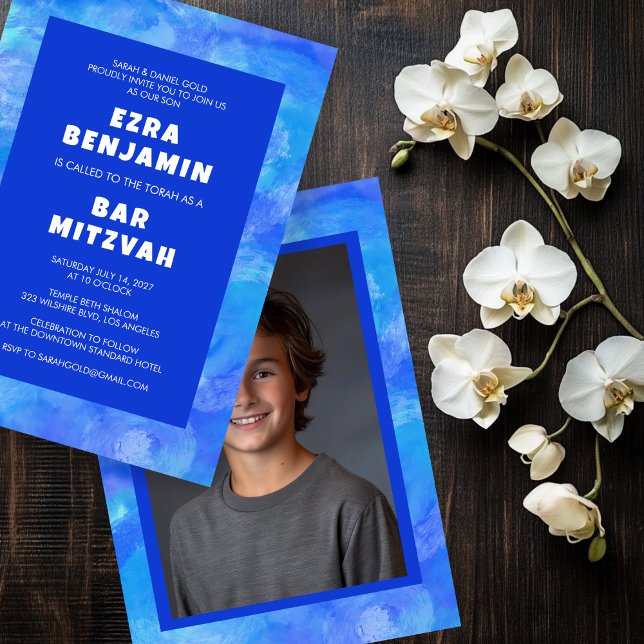 Invitation Bat mitzvah de la barre de photos personnalisée (Watercolor Swirls Custom PHOTO Bar Bat Mitzvah Invitation
)