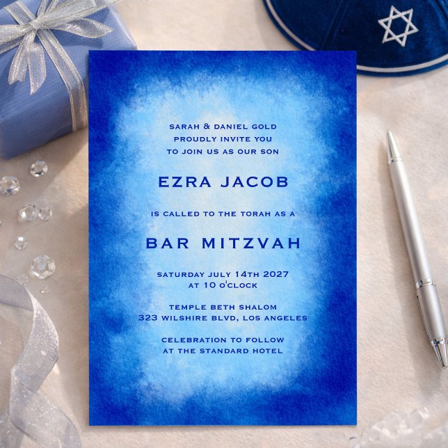 Invitation Bat mitzvah de la barre personnalisée du cadre d'a (Blue Watercolor Frame Custom Bar Bat Mitzvah Invitation
)