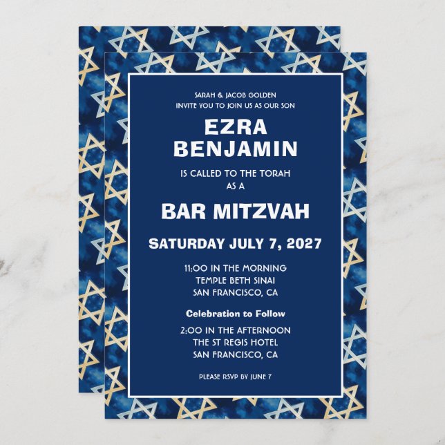 Invitation Bat mitzvah de la barre personnalisée Star of Davi (Devant / Derrière)