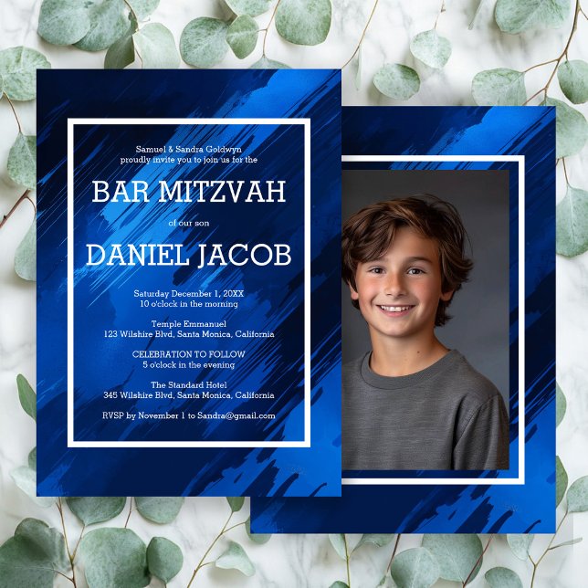 Invitation Bat mitzvah de la BARRE photo personnalisée (Blue Brushstrokes Custom Photo BAR BAT MITZVAH Invitation
)