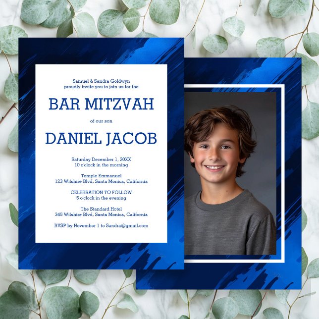 Invitation Bat mitzvah de la BARRE photo personnalisée (Blue Brushstrokes Custom Photo BAR BAT MITZVAH Invitation
)