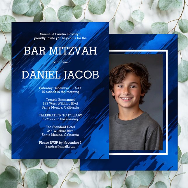 Invitation Bat mitzvah de la BARRE photo personnalisée (Blue Brushstrokes Custom Photo BAR BAT MITZVAH Invitation
)