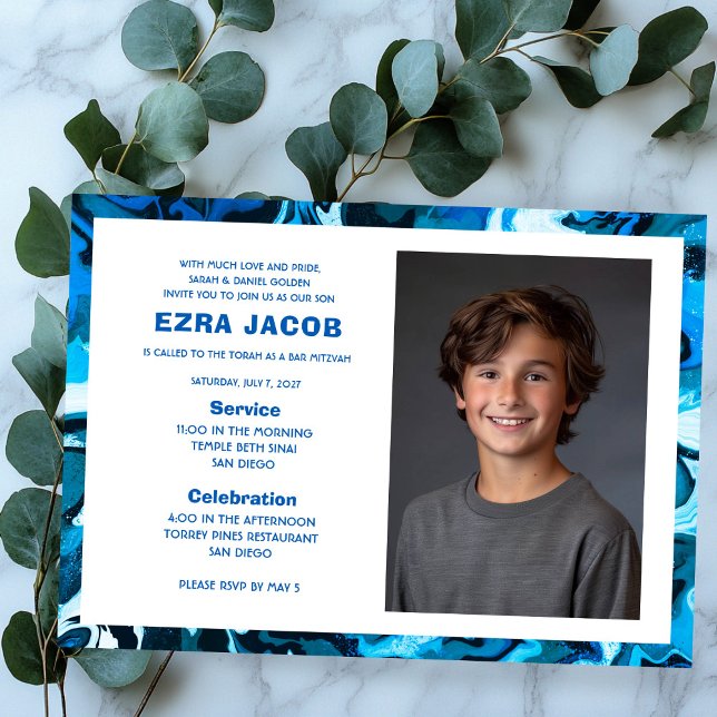 Invitation Bat mitzvah de la barre PHOTO personnalisée en mar (Blue Marble Custom PHOTO Bar Bat Mitzvah Invitation
)