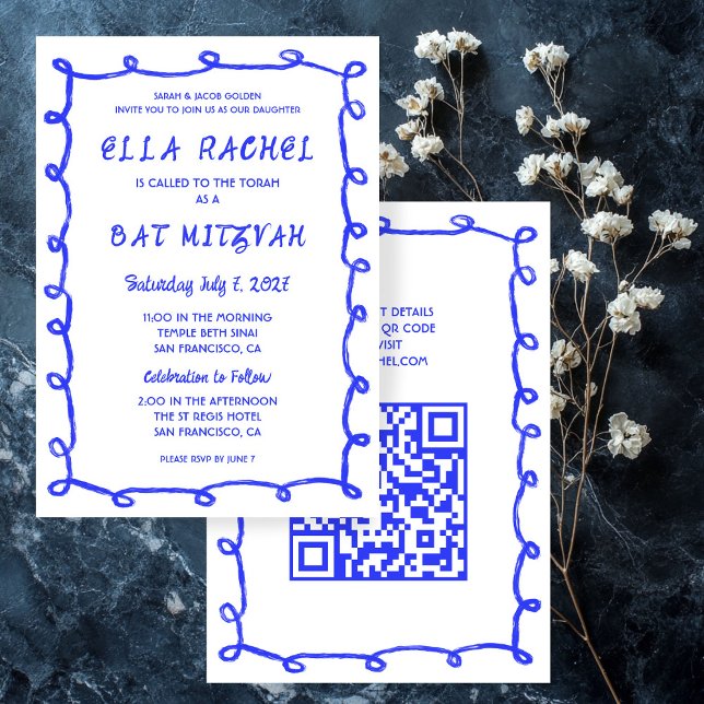 Invitation Bat mitzvah de la barre QR personnalisée avec bouc (Messy Loops Hand Drawn Custom QR Bar Bat Mitzvah Invitation
)