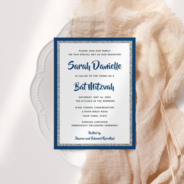 Invitation Bat mitzvah de la Glitterie Marine Bleu & Rectangl (Créateur téléchargé)