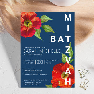 Invitation Bat mitzvah de la marine Gras Rouge Floral Aquarel