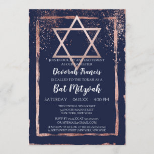 Invitation Bat mitzvah de la Marine Rose Gold Confetti Brushs