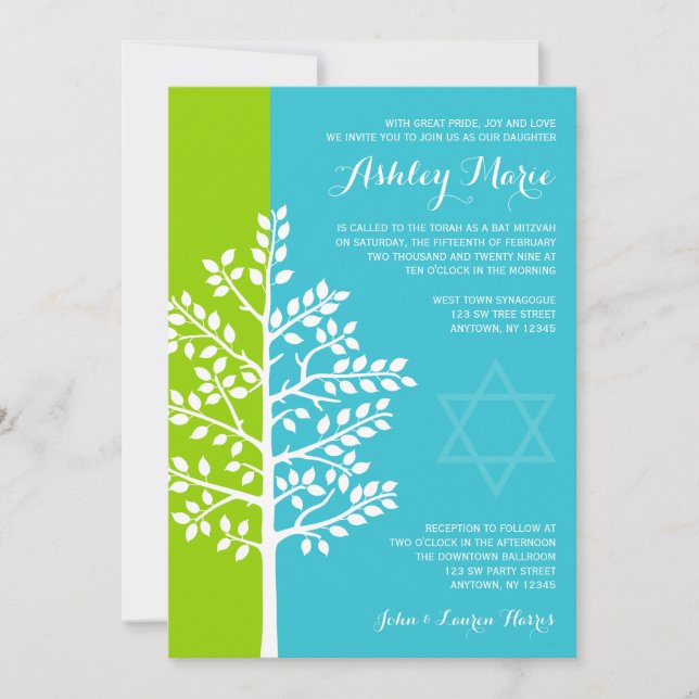 Invitation Bat mitzvah de l'arbre bleu Turquoise vert (Devant)