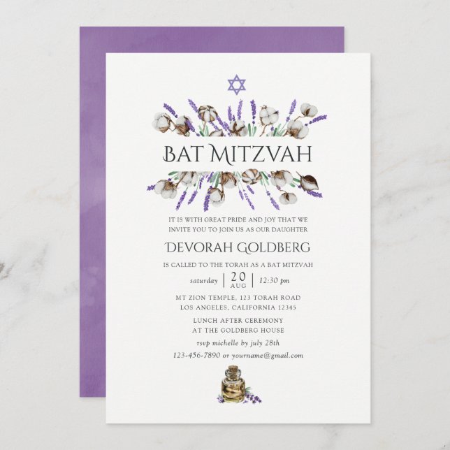 Invitation Bat mitzvah de lavande de coton aquarelle (Devant / Derrière)