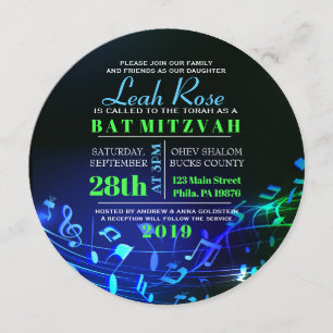 Invitation Bat mitzvah de lettres hébraïques et notes musical