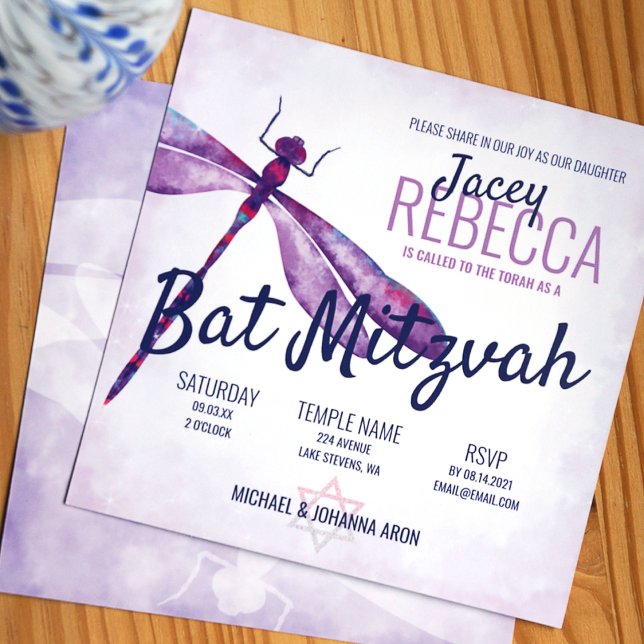 Invitation Bat mitzvah de libellules violettes, Lavande Whims (Popular purple cute bat mitzvah invitation purple and navy blue theme colors)
